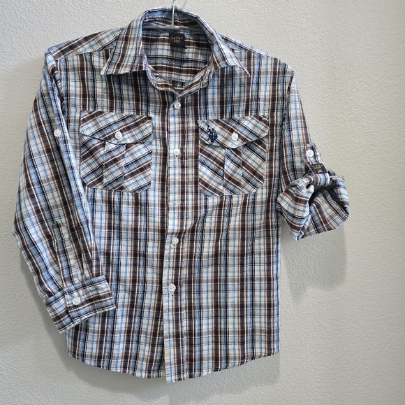 U.S.Polo Association plaid blue and brown button up shirt boys size 8 - Picture 1 of 4